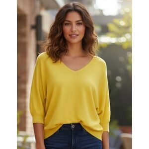 Premise Dolman 3/4 Sleeve V-neck Sweater Yellow Size S